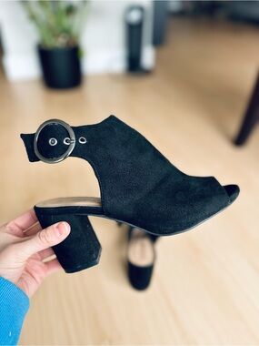 Black Suede Open-Toe Block Heel Shoes